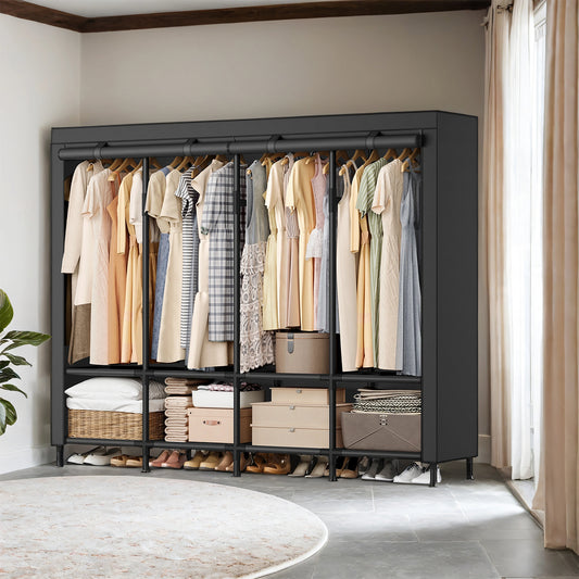 Large Wardrobe Closet Organizer with 4 Rails & 8 Shelves, Freestanding Portable Clothing Rack with Fabric Cover, Ink Black