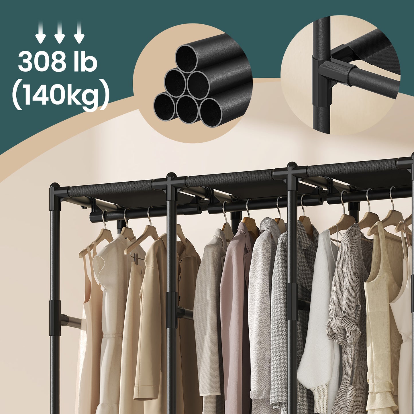Large Wardrobe Closet Organizer with 4 Rails & 8 Shelves, Freestanding Portable Clothing Rack with Fabric Cover, Ink Black