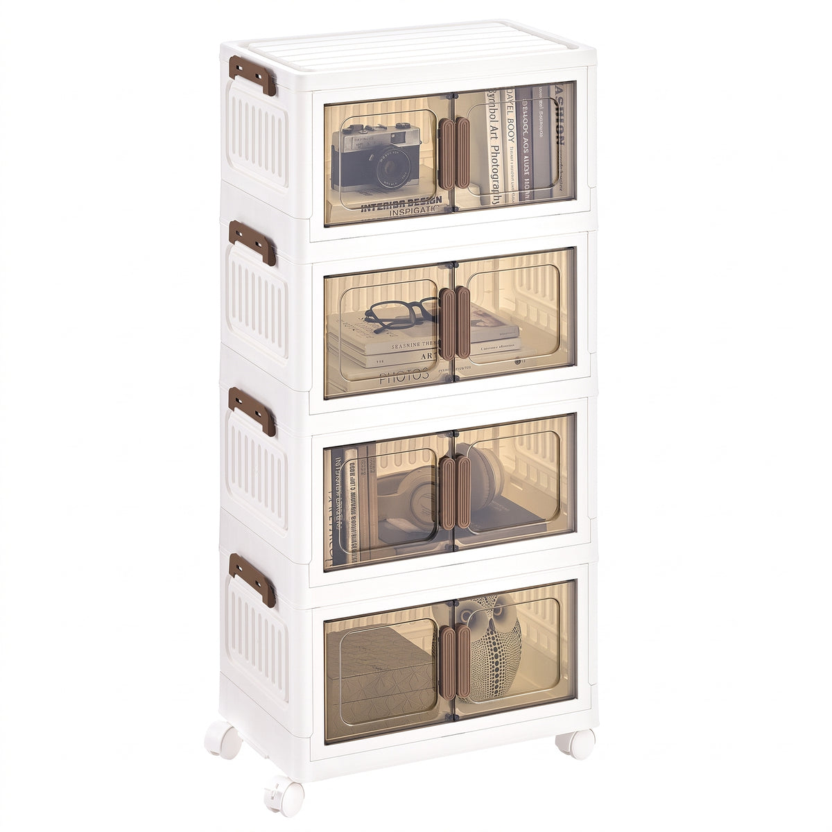 LEDREM 4-Tier Folding Storage Bins, Tool-Free Stackable Closet Organizer, 17.7 x 10.2 x 35.8 inches, White