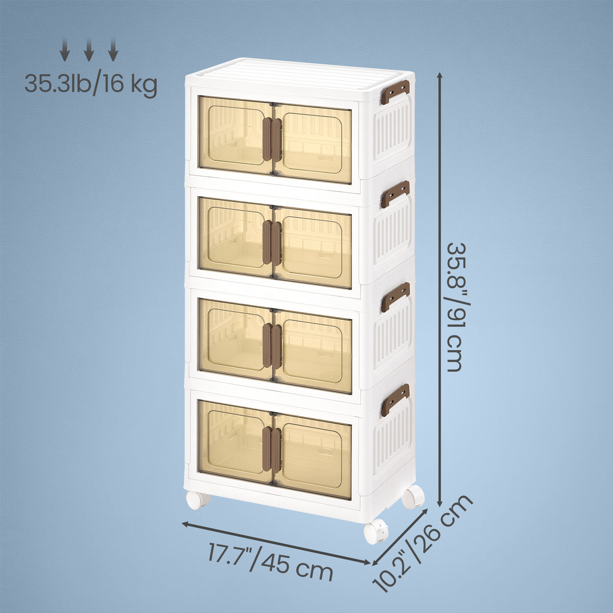 LEDREM 4-Tier Folding Storage Bins, Tool-Free Stackable Closet Organizer, 17.7 x 10.2 x 35.8 inches, White