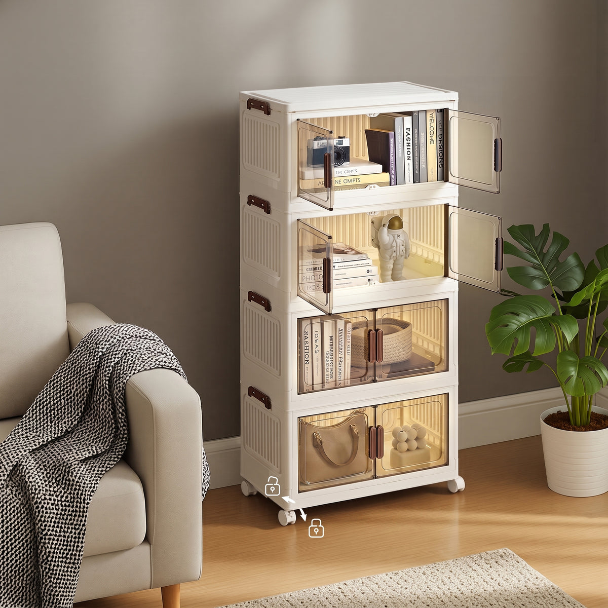 LEDREM 4-Tier Folding Storage Bins, Tool-Free Stackable Closet Organizer, 17.7 x 10.2 x 35.8 inches, White