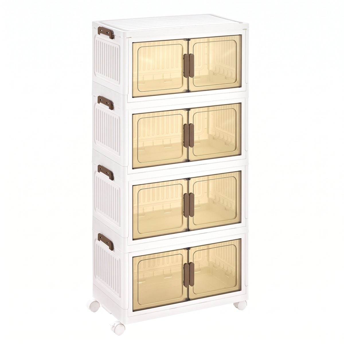 Folding Storage Bins with Magnetic Doors, 4-Tier Plastic Cabinet on Wheels, 21.7 x 12.2 x 43.7 Inches, White