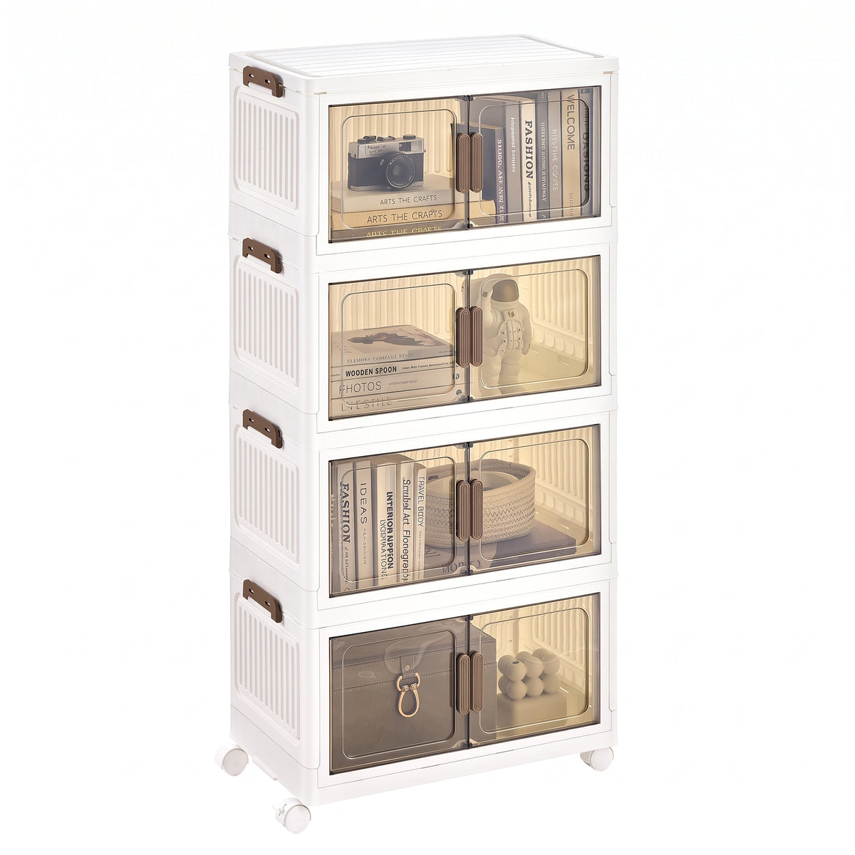 Folding Storage Bins with Magnetic Doors, 4-Tier Plastic Cabinet on Wheels, 21.7 x 12.2 x 43.7 Inches, White