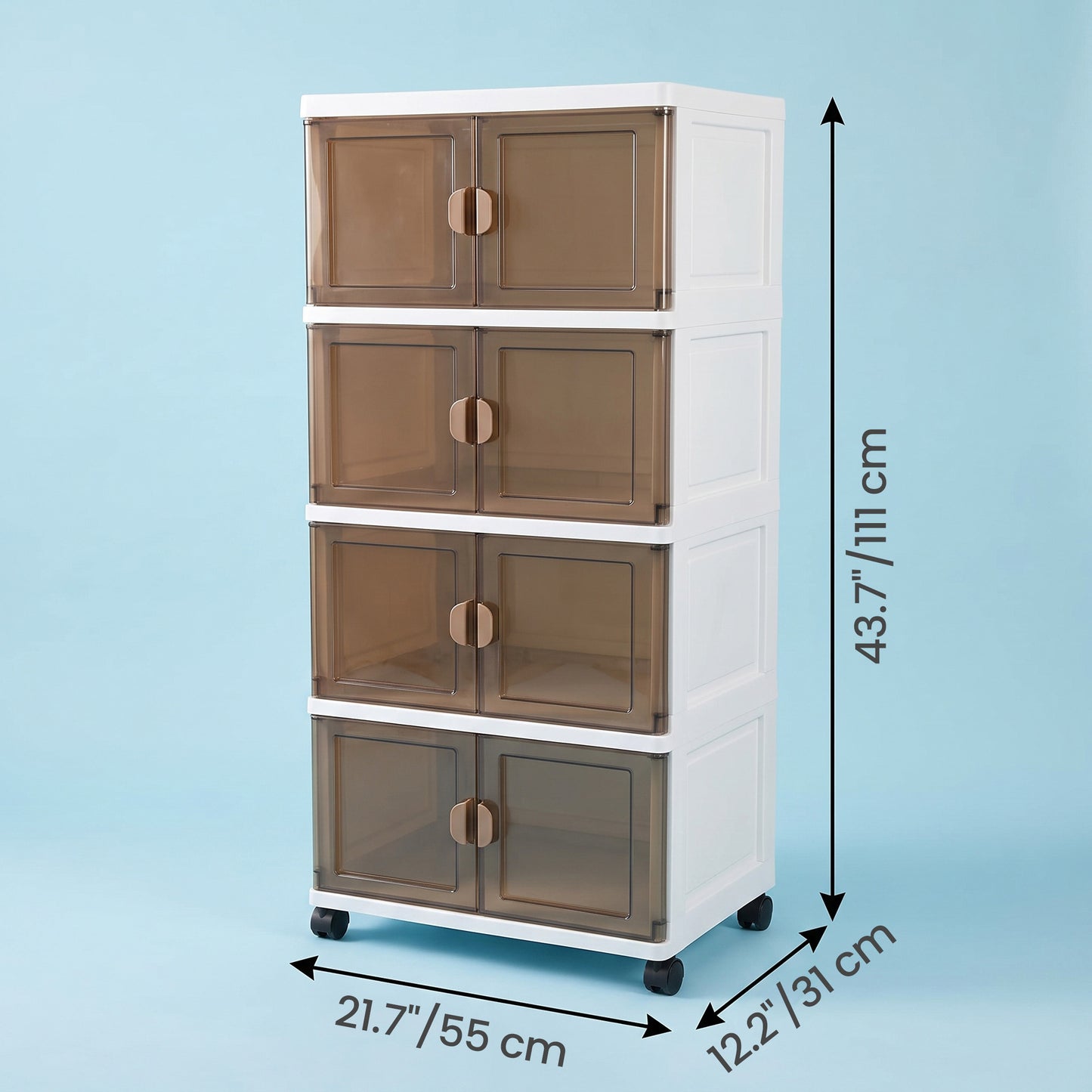 Folding Storage Bins with Magnetic Doors, 4-Tier Plastic Cabinet on Wheels, 21.7 x 12.2 x 43.7 Inches, White