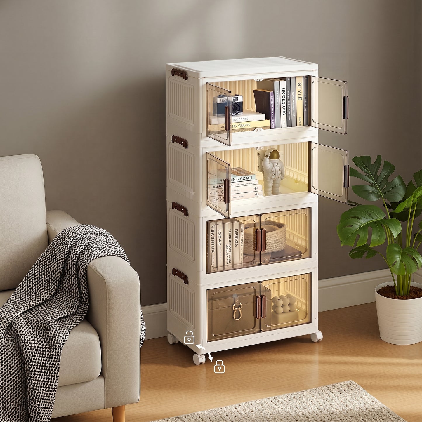 Folding Storage Bins with Magnetic Doors, 4-Tier Plastic Cabinet on Wheels, 21.7 x 12.2 x 43.7 Inches, White
