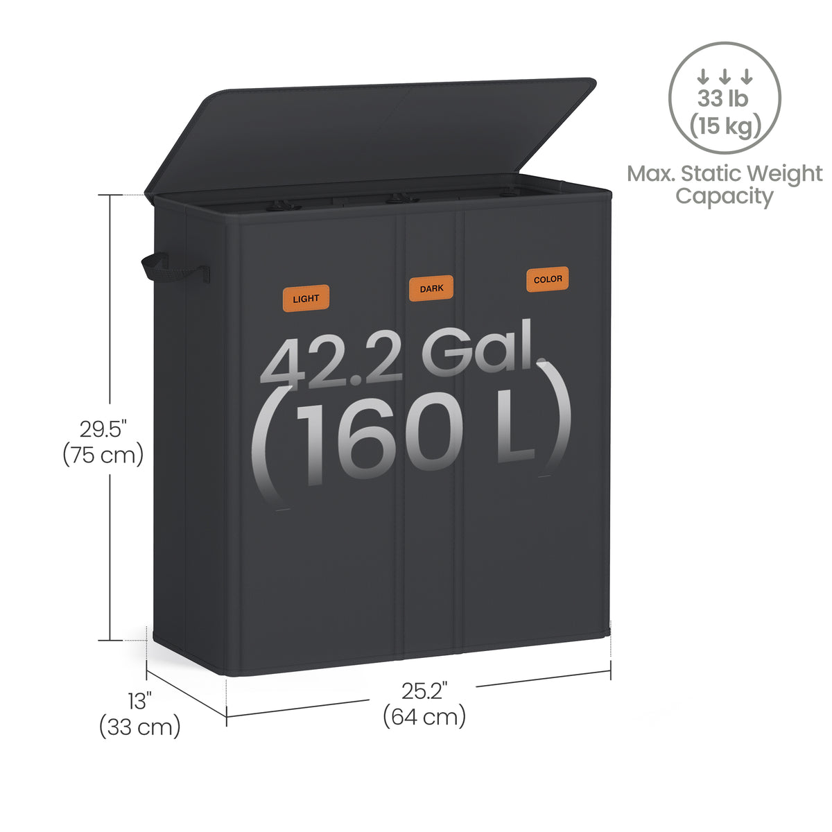 LEDREM Triple Laundry Hamper with Lid, Removable Machine-Washable Liner Bags, Laundry Basket for Bedroom, Black and Tan