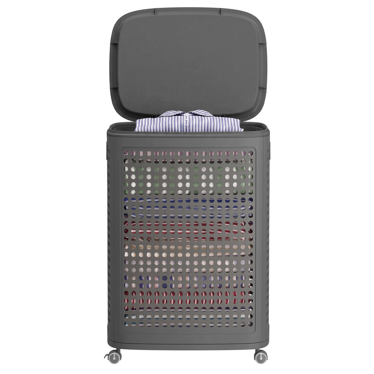 Rolling Laundry Hamper with Lid, 19.8 Gal Slim Plastic Basket on Wheels, for Bathroom Bedroom Dorm, Dark Gray