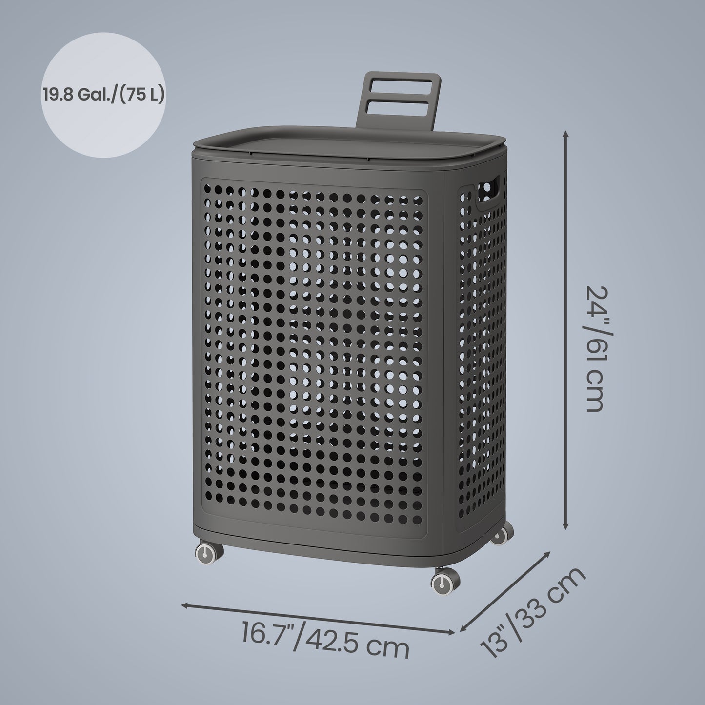 Rolling Laundry Hamper with Lid, 19.8 Gal Slim Plastic Basket on Wheels, for Bathroom Bedroom Dorm, Dark Gray