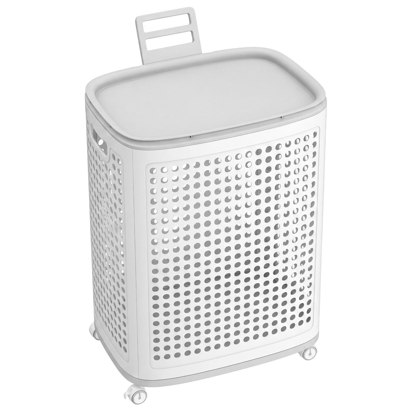 Rolling Laundry Hamper with Wheels, 19.8 Gal Slim Plastic Basket with Lid, for Bathroom Bedroom Dorm, White and Gray