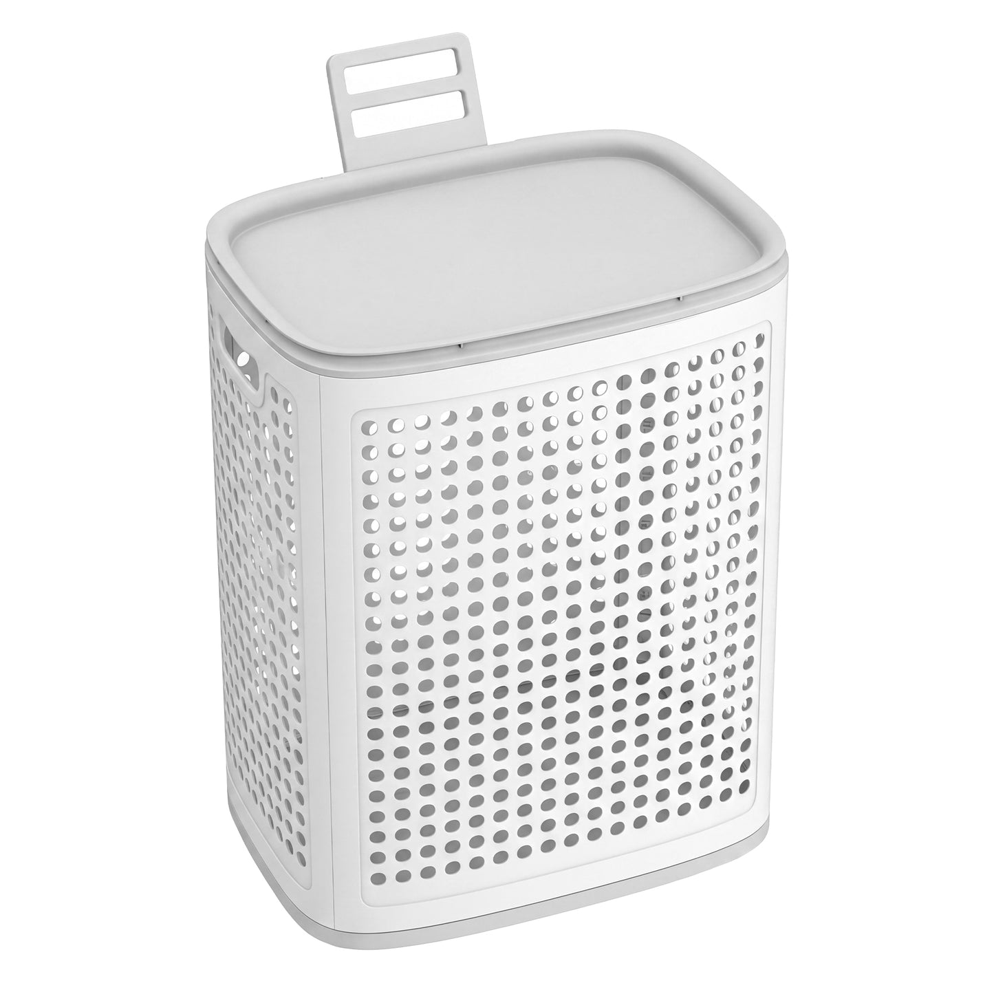 Slim Plastic Laundry Hamper with Lid, 19.8 Gal Space-Saving Storage Basket, for Bathroom Bedroom Dorm, Ventilated, White and Gray