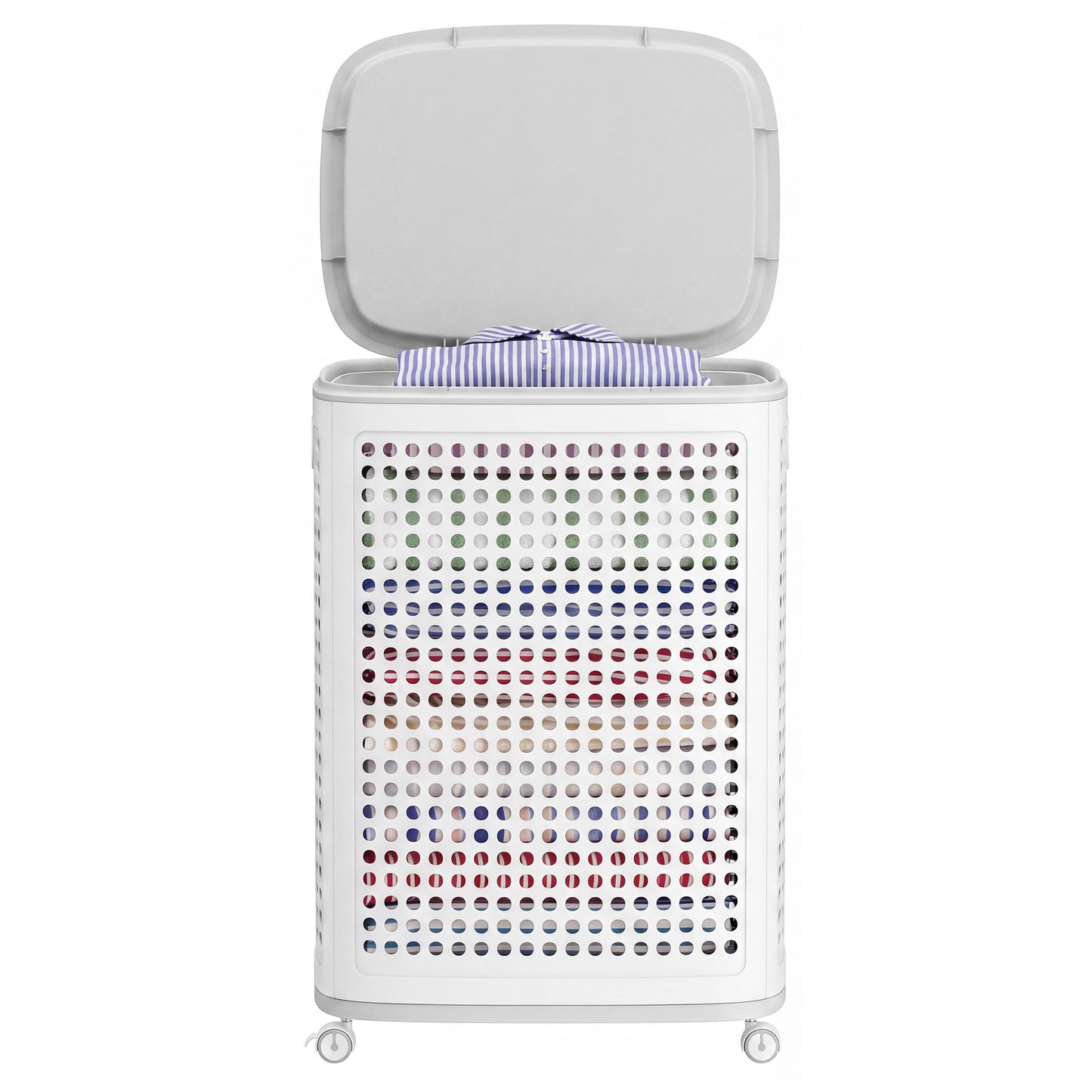 Rolling Laundry Hamper with Wheels, 19.8 Gal Slim Plastic Basket with Lid, for Bathroom Bedroom Dorm, White and Gray