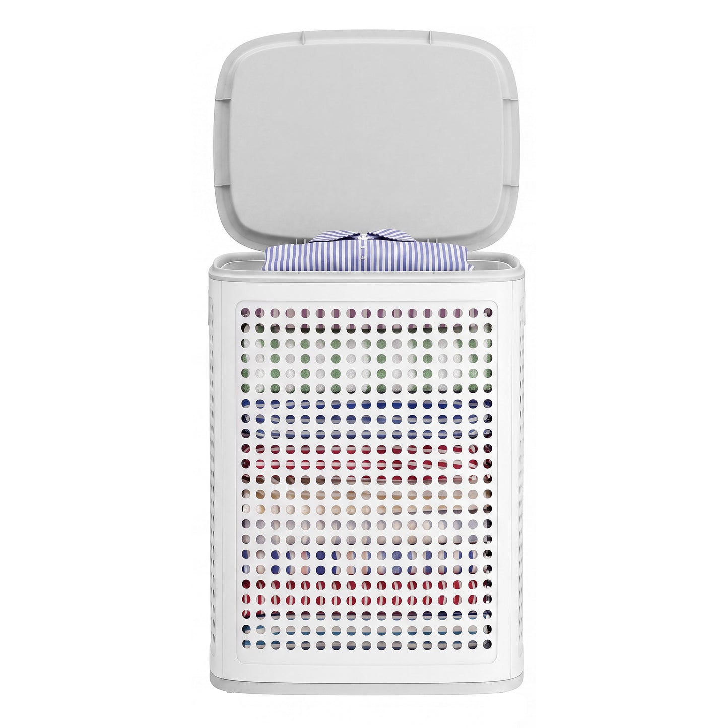 Slim Plastic Laundry Hamper with Lid, 19.8 Gal Space-Saving Storage Basket, for Bathroom Bedroom Dorm, Ventilated, White and Gray