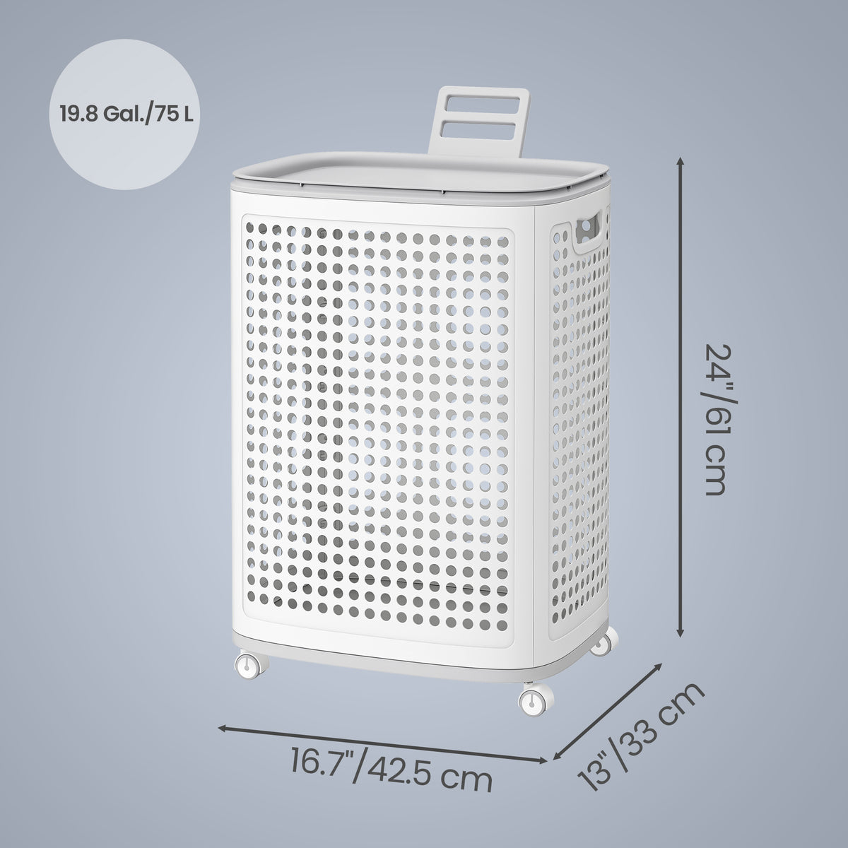 Rolling Laundry Hamper with Wheels, 19.8 Gal Slim Plastic Basket with Lid, for Bathroom Bedroom Dorm, White and Gray