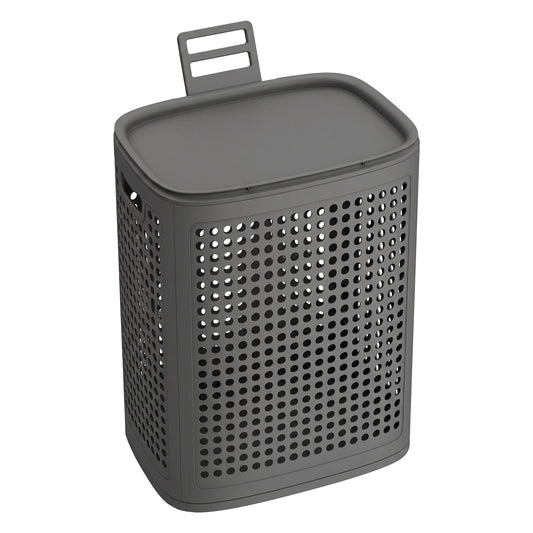 Slim Plastic Laundry Hamper with Lid, 19.8 Gal Space-Saving Storage Basket, for Bathroom Bedroom Dorm, Ventilated, Dark Gray