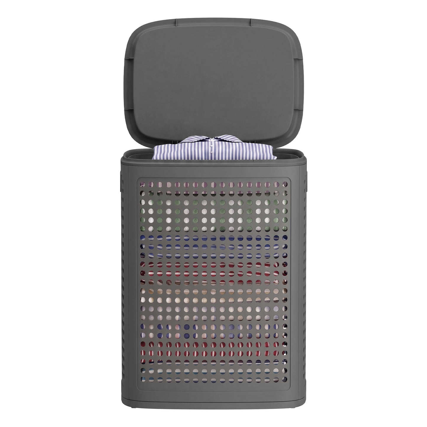 Slim Plastic Laundry Hamper with Lid, 19.8 Gal Space-Saving Storage Basket, for Bathroom Bedroom Dorm, Ventilated, Dark Gray