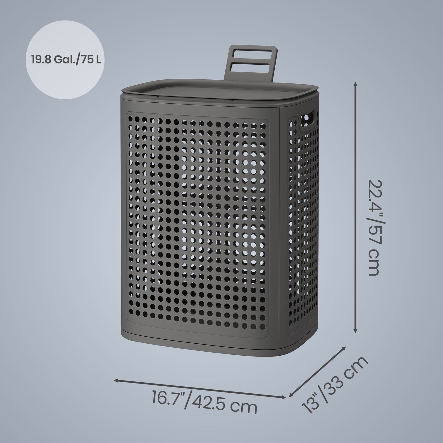 Slim Plastic Laundry Hamper with Lid, 19.8 Gal Space-Saving Storage Basket, for Bathroom Bedroom Dorm, Ventilated, Dark Gray