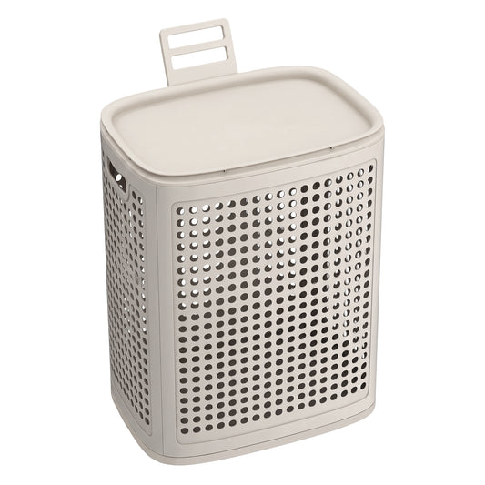 Slim Plastic Laundry Hamper with Lid, 19.8 Gal Space-Saving Storage Basket, for Bathroom Bedroom Dorm, Ventilated, Cappuccino Beige