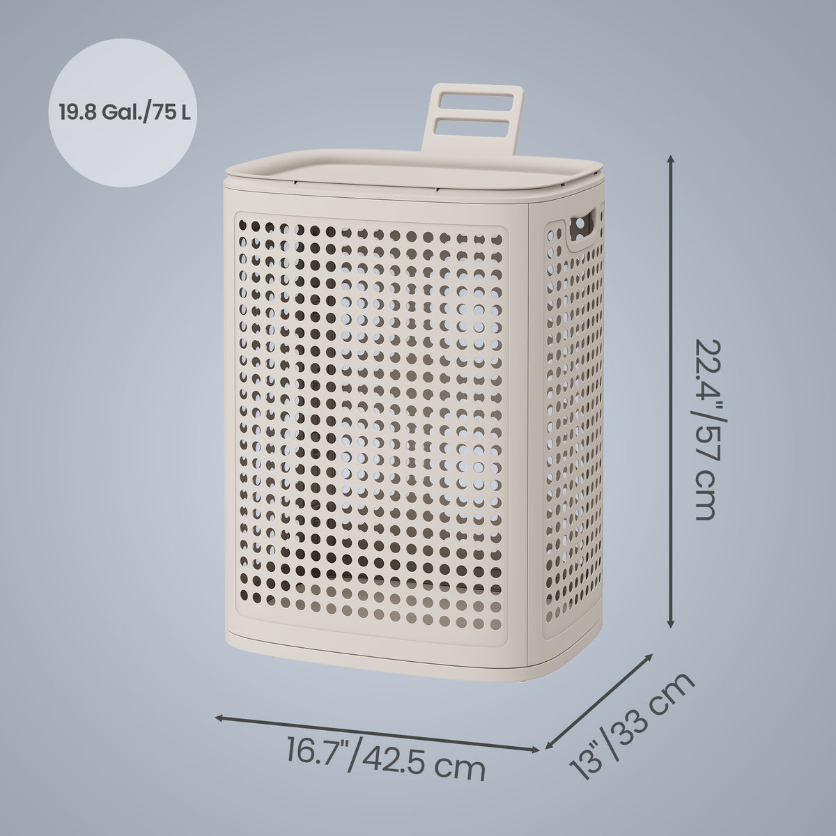 Slim Plastic Laundry Hamper with Lid, 19.8 Gal Space-Saving Storage Basket, for Bathroom Bedroom Dorm, Ventilated, Cappuccino Beige