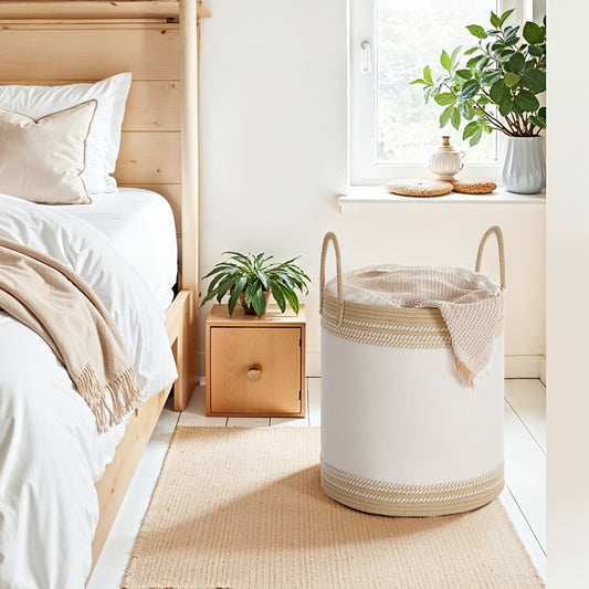 Laundry Hamper with Drawstring Lid, 60L (18.9-Gal) Sturdy Cotton-Blend Storage Basket for Clothes & Blankets, Handles, Camel Brown