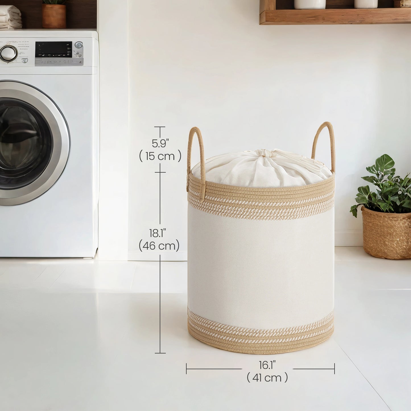 Laundry Hamper with Drawstring Lid, 60L (18.9-Gal) Sturdy Cotton-Blend Storage Basket for Clothes & Blankets, Handles, Camel Brown