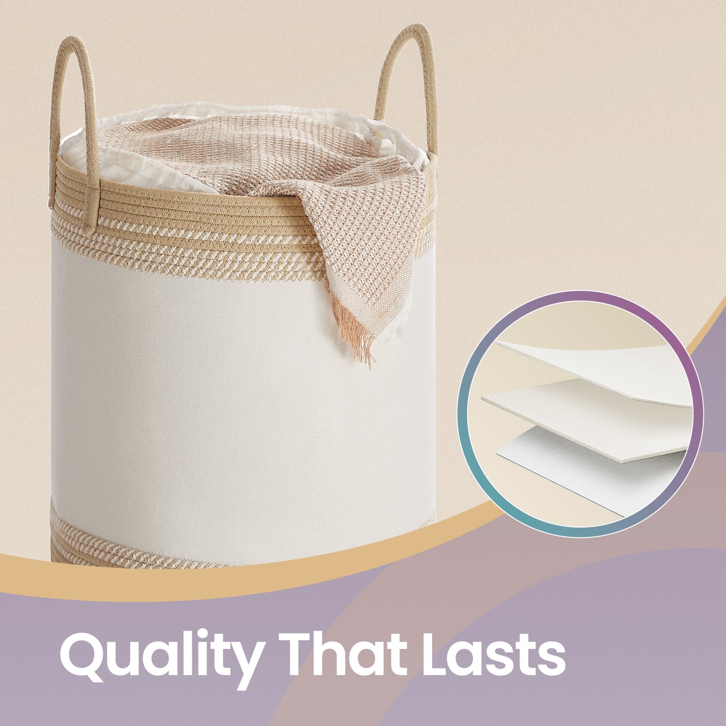 Laundry Hamper with Drawstring Lid, 60L (18.9-Gal) Sturdy Cotton-Blend Storage Basket for Clothes & Blankets, Handles, Camel Brown