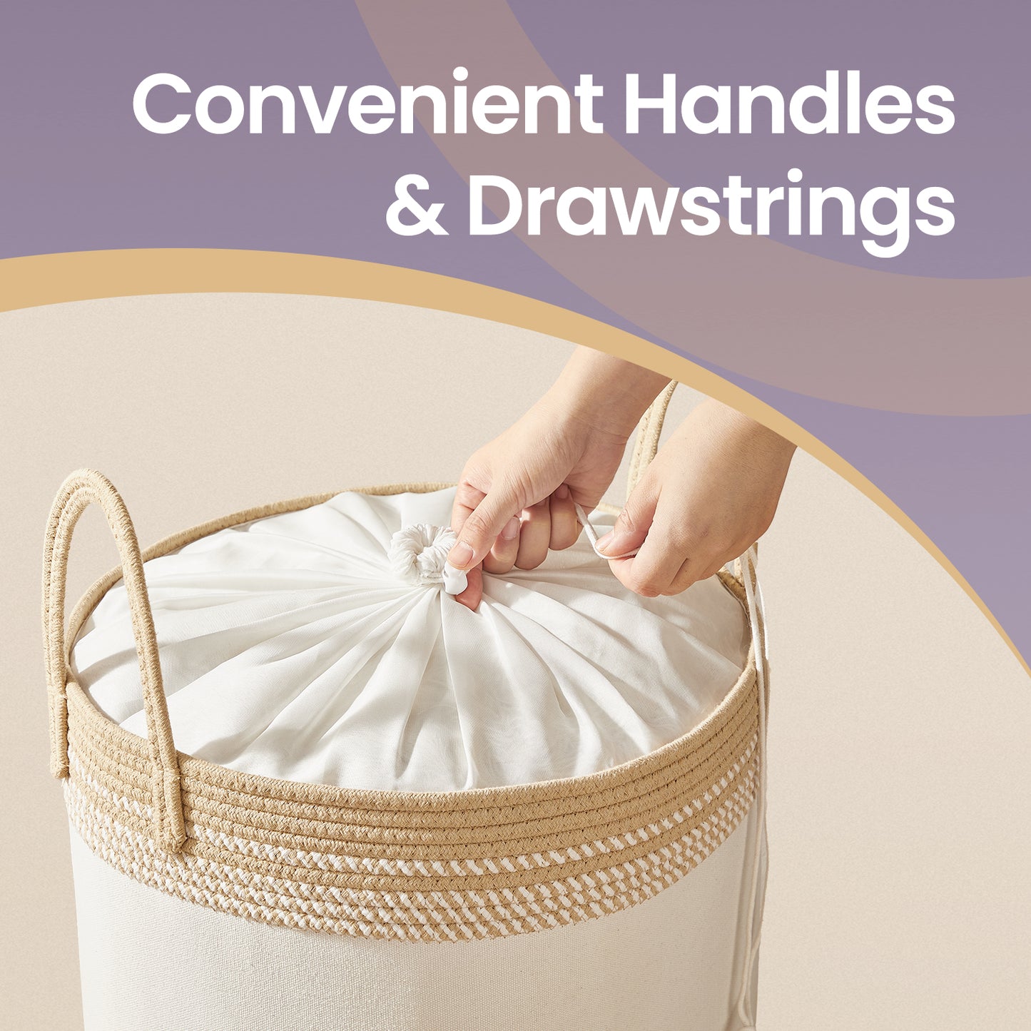 Laundry Hamper with Drawstring Lid, 60L (18.9-Gal) Sturdy Cotton-Blend Storage Basket for Clothes & Blankets, Handles, Camel Brown