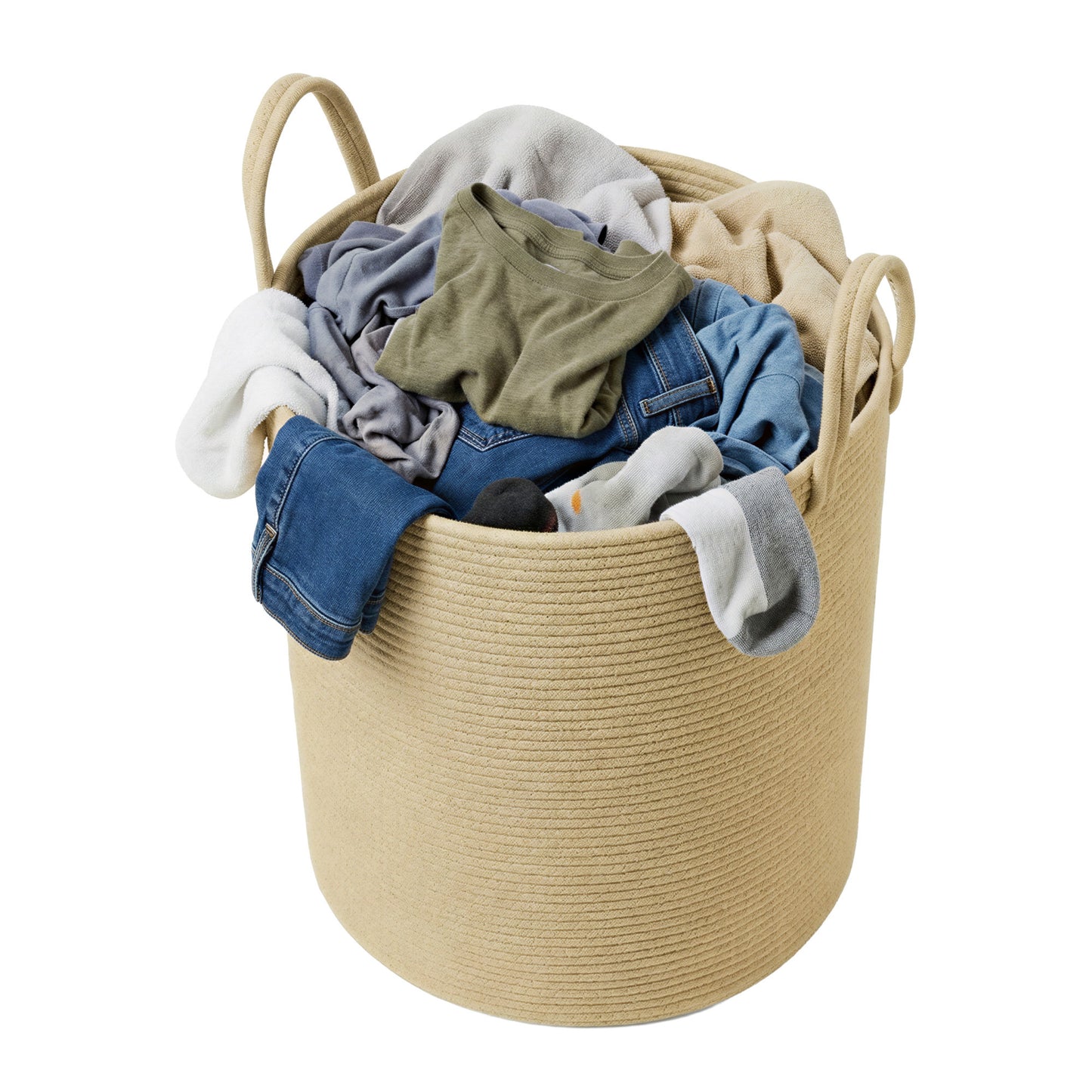 Cotton Rope Laundry Basket with Handles, 15.8 Gal Soft Storage Hamper for Toys or Clothes, for Bedroom Kids Room, Yellowish Brown