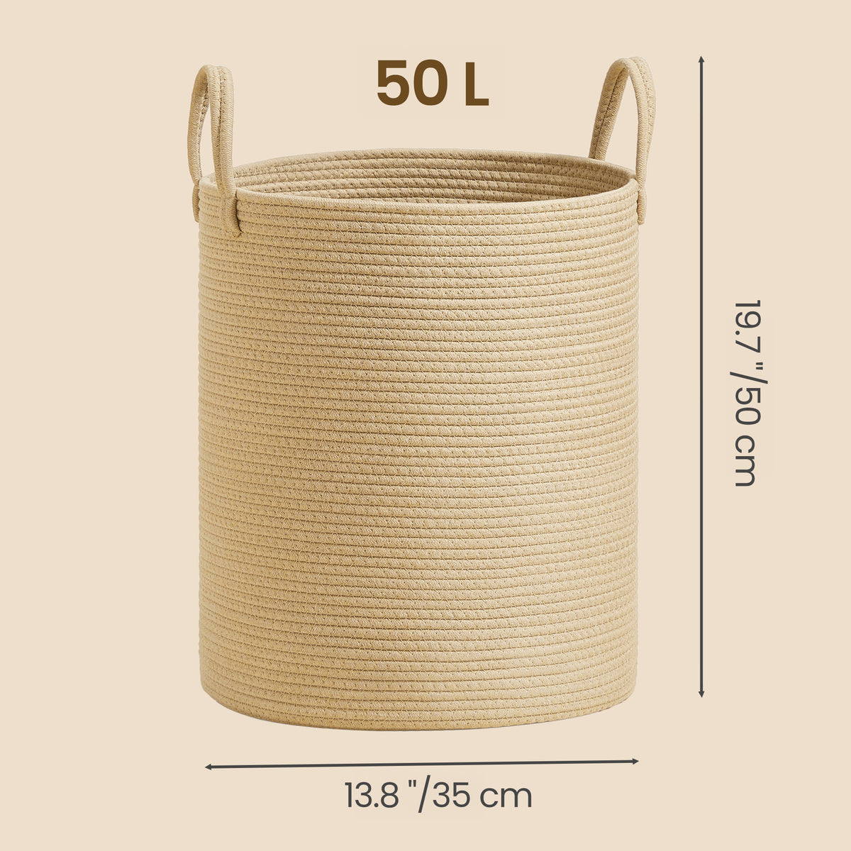 Cotton Rope Laundry Basket with Handles, 15.8 Gal Soft Storage Hamper for Toys or Clothes, for Bedroom Kids Room, Yellowish Brown