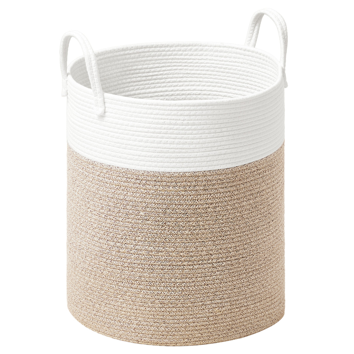 Large Laundry Hamper, Tall Woven Rope Storage Basket for Blankets Toys Dirty Clothes, 13.2 Gal, for Living Room Bathroom Bedroom, White and Brown