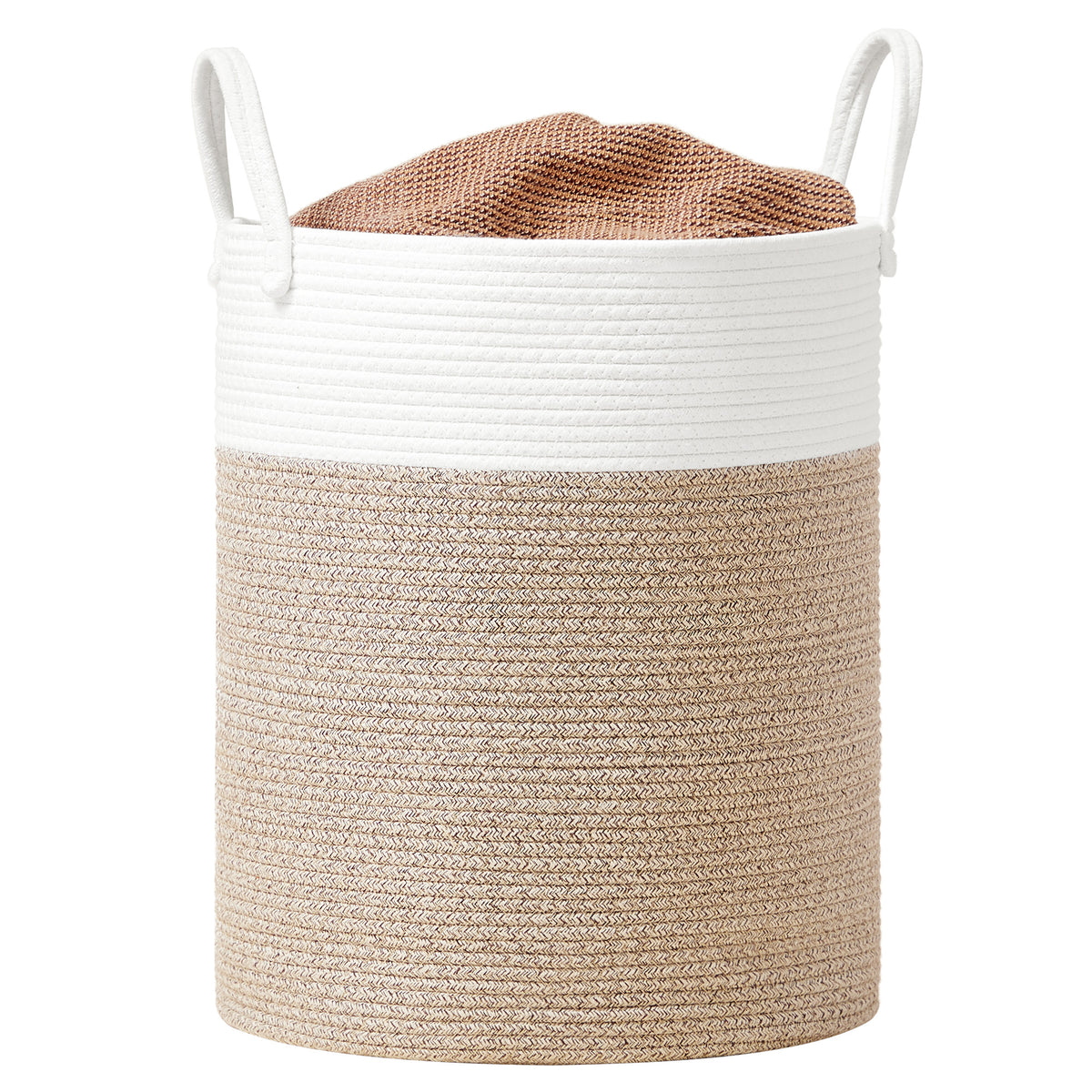Large Laundry Hamper, Tall Woven Rope Storage Basket for Blankets Toys Dirty Clothes, 13.2 Gal, for Living Room Bathroom Bedroom, White and Brown
