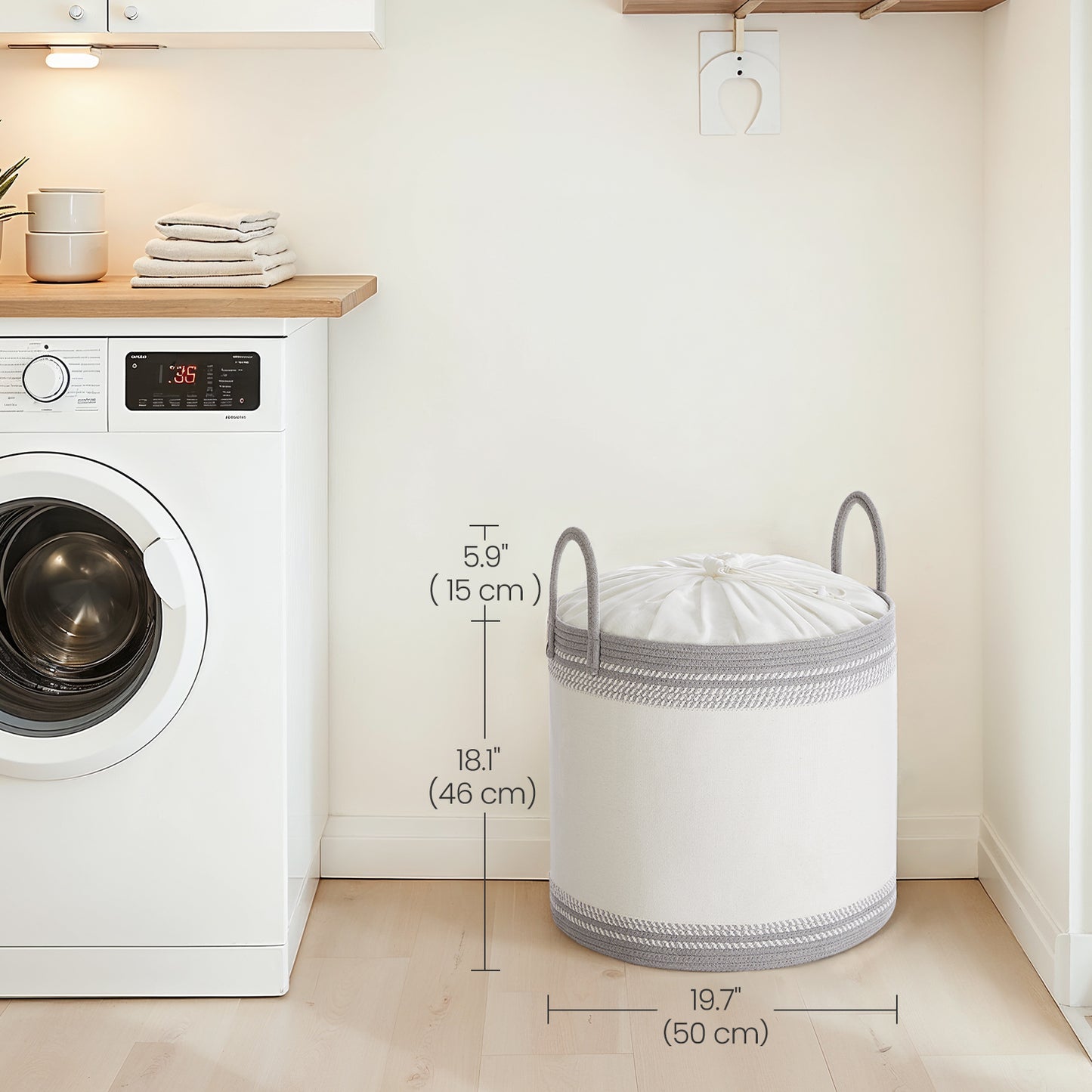90L Laundry Hamper with Drawstring Lid and Reinforced Cotton Rope Handles, 33 lb Capacity, Breathable Fabric, Dove Gray
