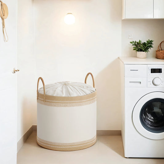 90L Laundry Hamper with Drawstring Lid & Handles, Sturdy Poly-Cotton Blend, Breathable Storage Basket for Clothes, Blankets, Bedroom, Living Room， Camel Brown