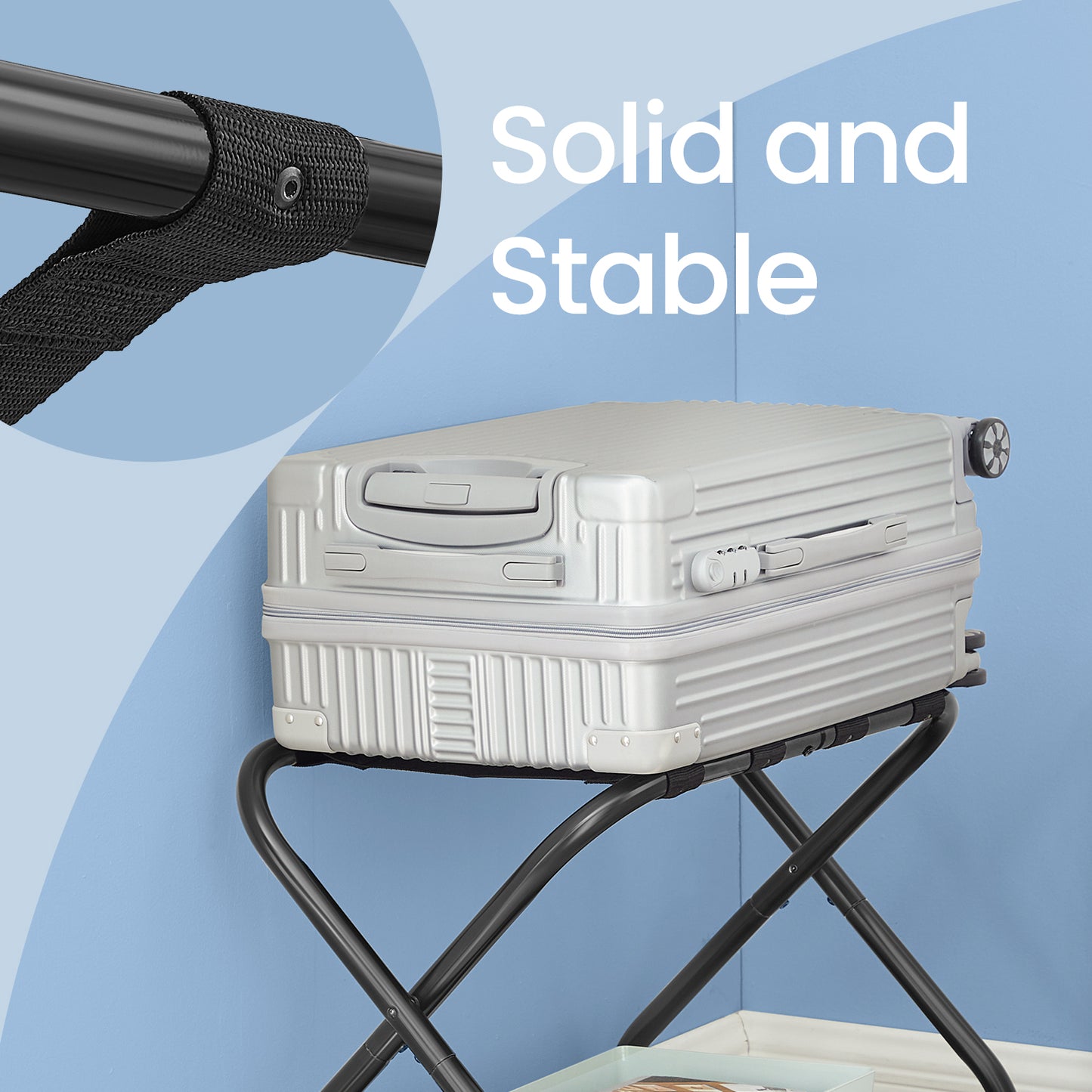 Luggage Racks Set of 2, Foldable Steel Frame with Storage Shelf & Hook-and-Loop Fastener, for Suitcases up to 110 lb, Black