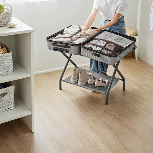 Luggage Racks, Set of 2, Foldable Suitcase Stand with Storage Shelf & Hook-and-Loop Fastener, for Bedroom,Hotel, Holds 110 lb, Slate Gray