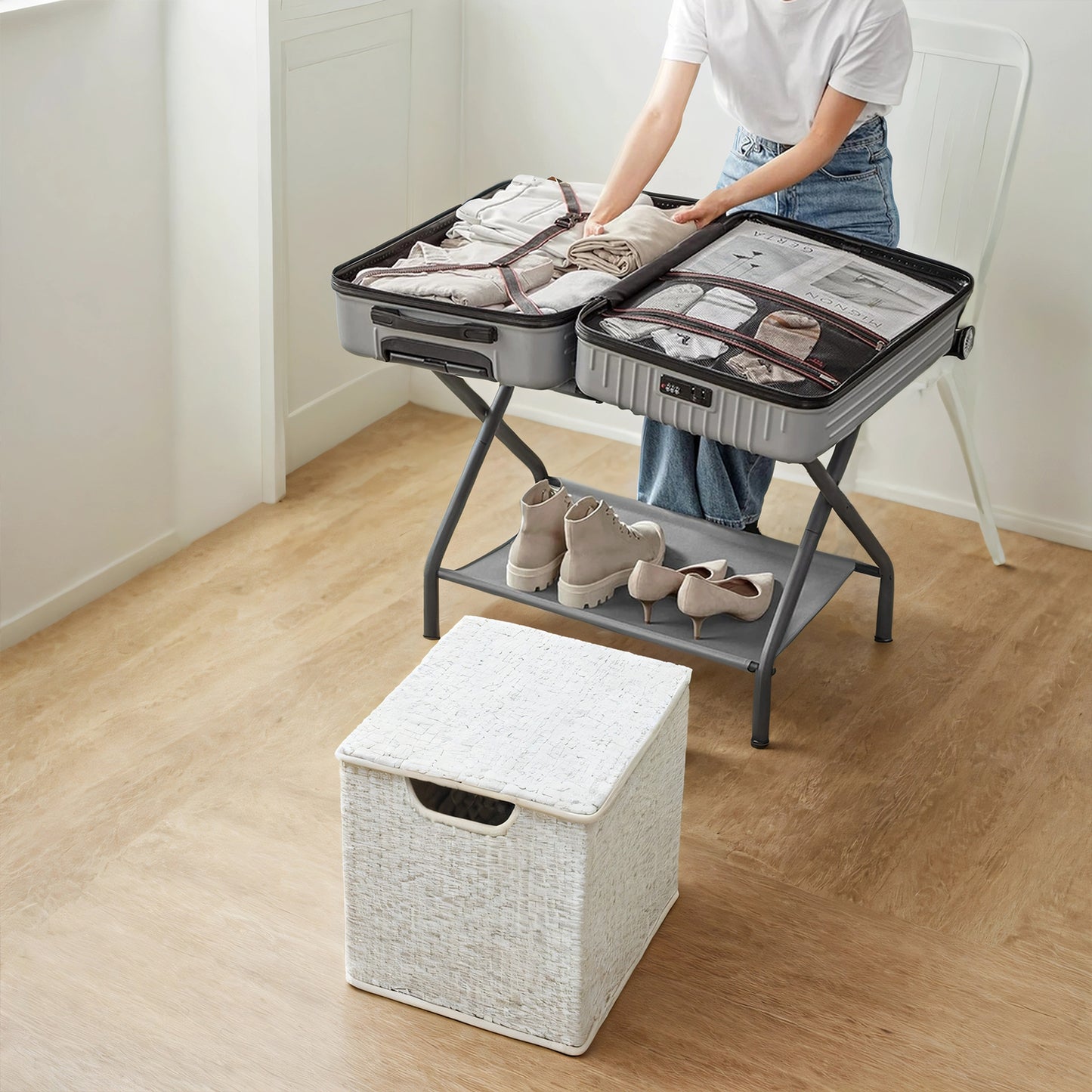Luggage Racks, Set of 2, Foldable Suitcase Stand with Storage Shelf & Hook-and-Loop Fastener, for Bedroom,Hotel, Holds 110 lb, Slate Gray