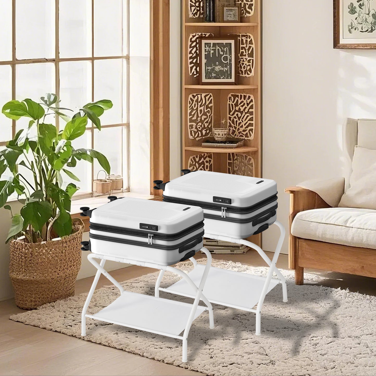 Luggage Racks, Set of 2 – Heavy-Duty Foldable Suitcase Stand with Storage Shelf & Non-Scratch Feet, for Bedroom,Guest Room,Hotel, Holds 110 lb, Cloud White