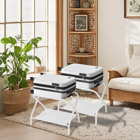 Luggage Racks, Set of 2 – Heavy-Duty Foldable Suitcase Stand with Storage Shelf & Non-Scratch Feet, for Bedroom,Guest Room,Hotel, Holds 110 lb, Cloud White