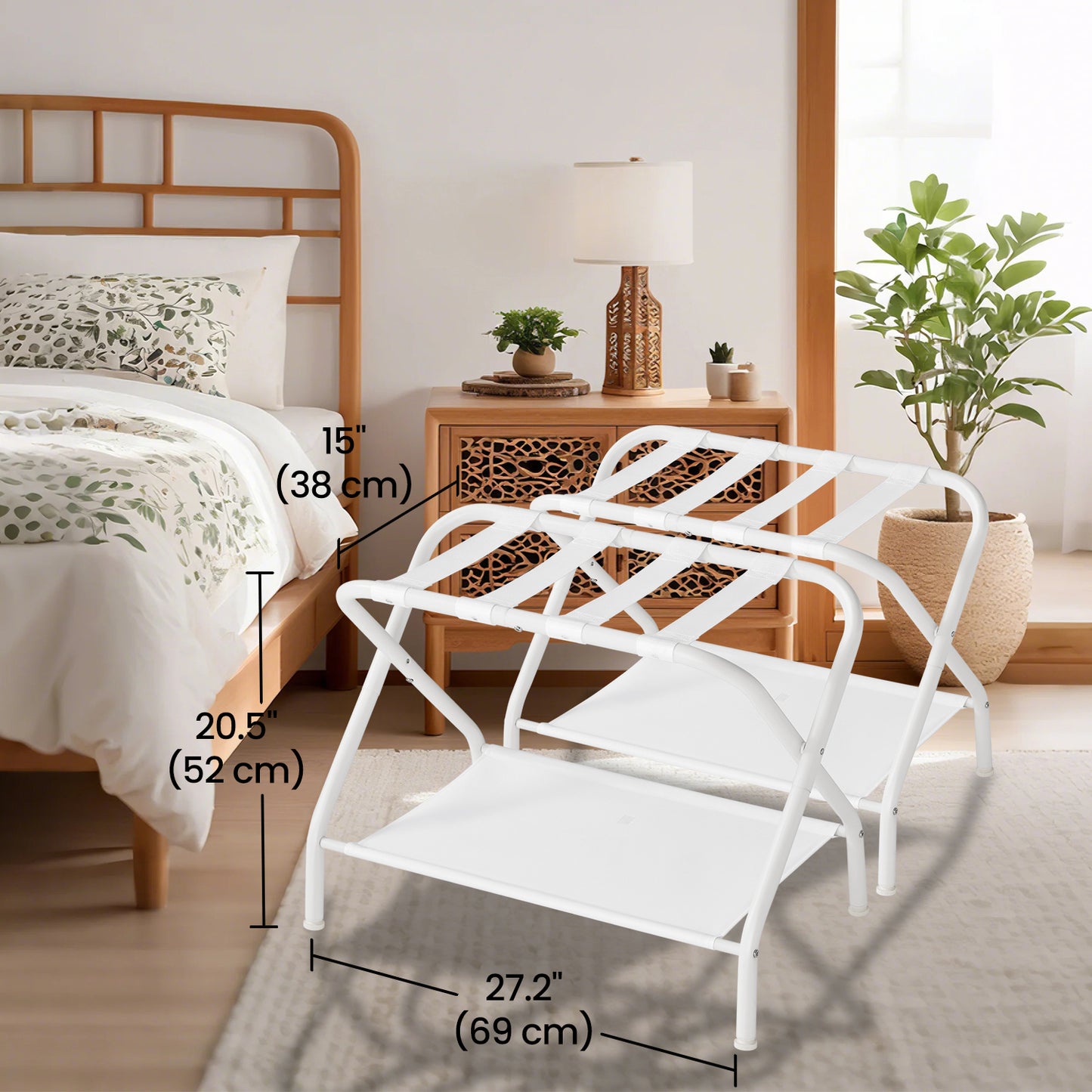 Luggage Racks, Set of 2 – Heavy-Duty Foldable Suitcase Stand with Storage Shelf & Non-Scratch Feet, for Bedroom,Guest Room,Hotel, Holds 110 lb, Cloud White