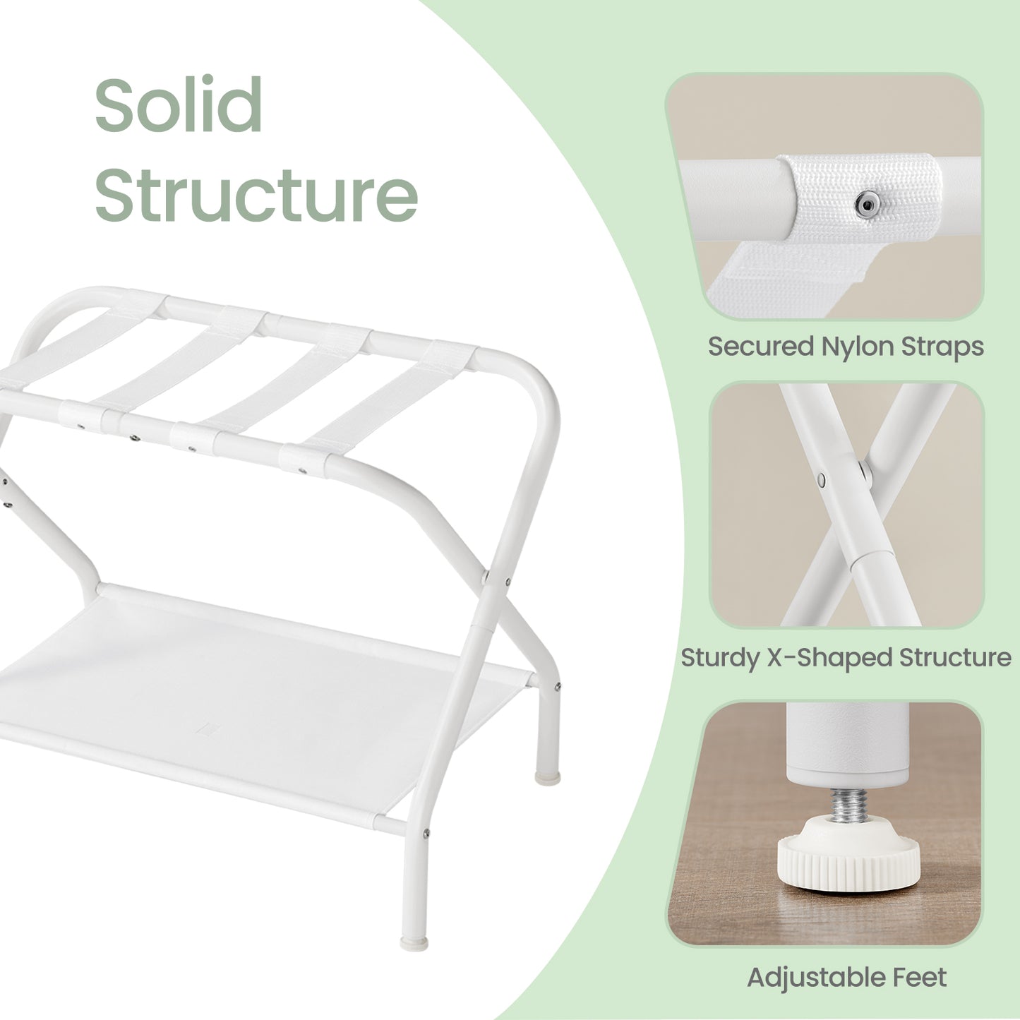 Luggage Racks, Set of 2 – Heavy-Duty Foldable Suitcase Stand with Storage Shelf & Non-Scratch Feet, for Bedroom,Guest Room,Hotel, Holds 110 lb, Cloud White
