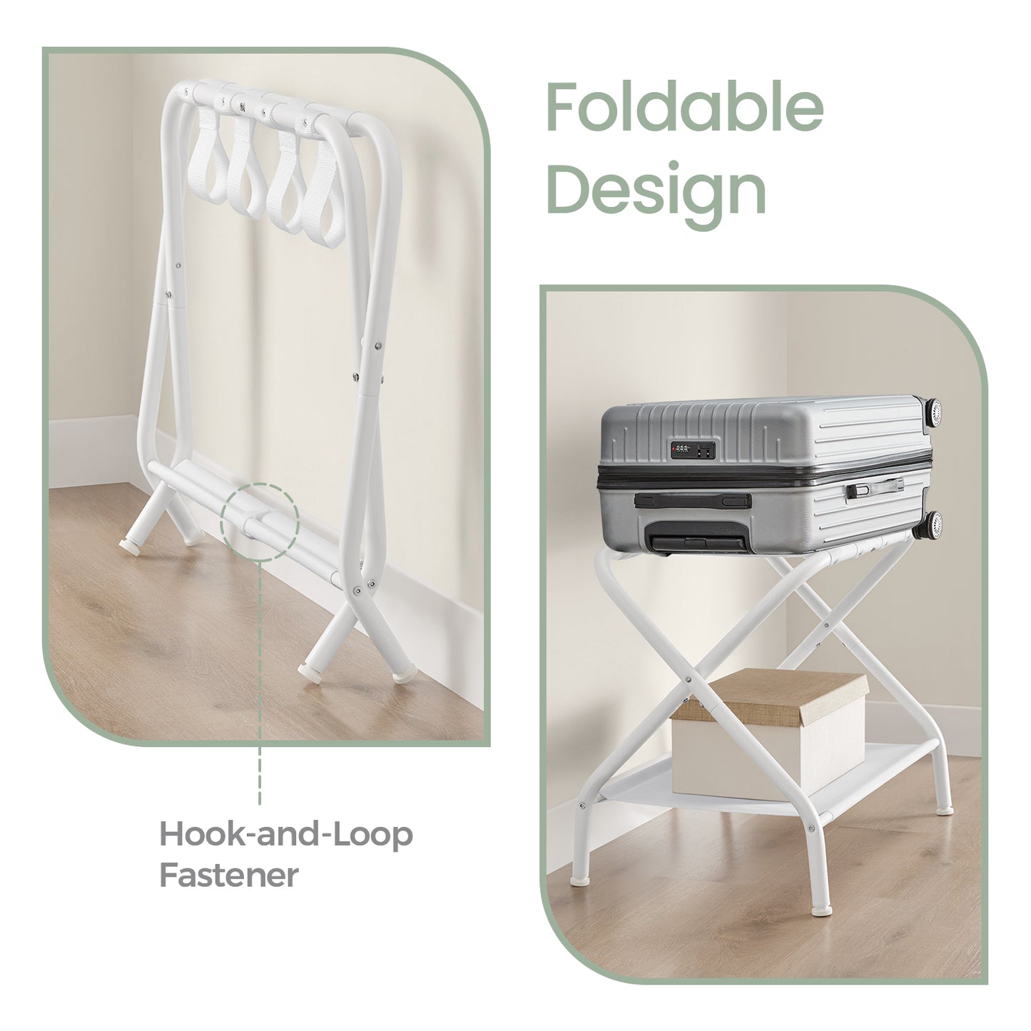 Luggage Racks, Set of 2 – Heavy-Duty Foldable Suitcase Stand with Storage Shelf & Non-Scratch Feet, for Bedroom,Guest Room,Hotel, Holds 110 lb, Cloud White
