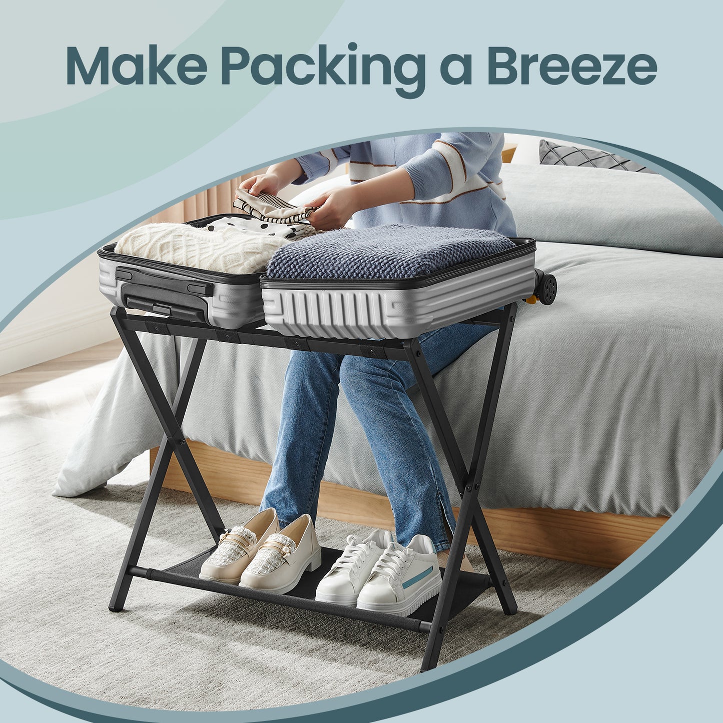 Luggage Rack with Storage Shelf, Foldable Steel Frame Suitcase Stand for Guest Room and Hotel, Black