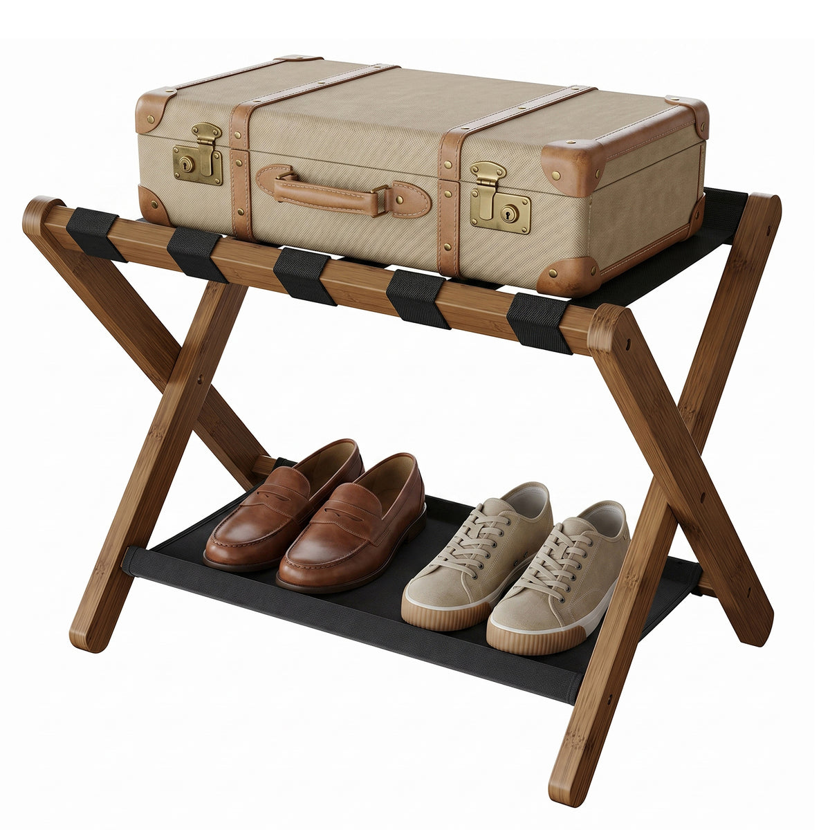 LEDREM Bamboo Suitcase Stand, Folding Luggage Rack, Heavy-Duty, Holds up to 131 lb, Walnut