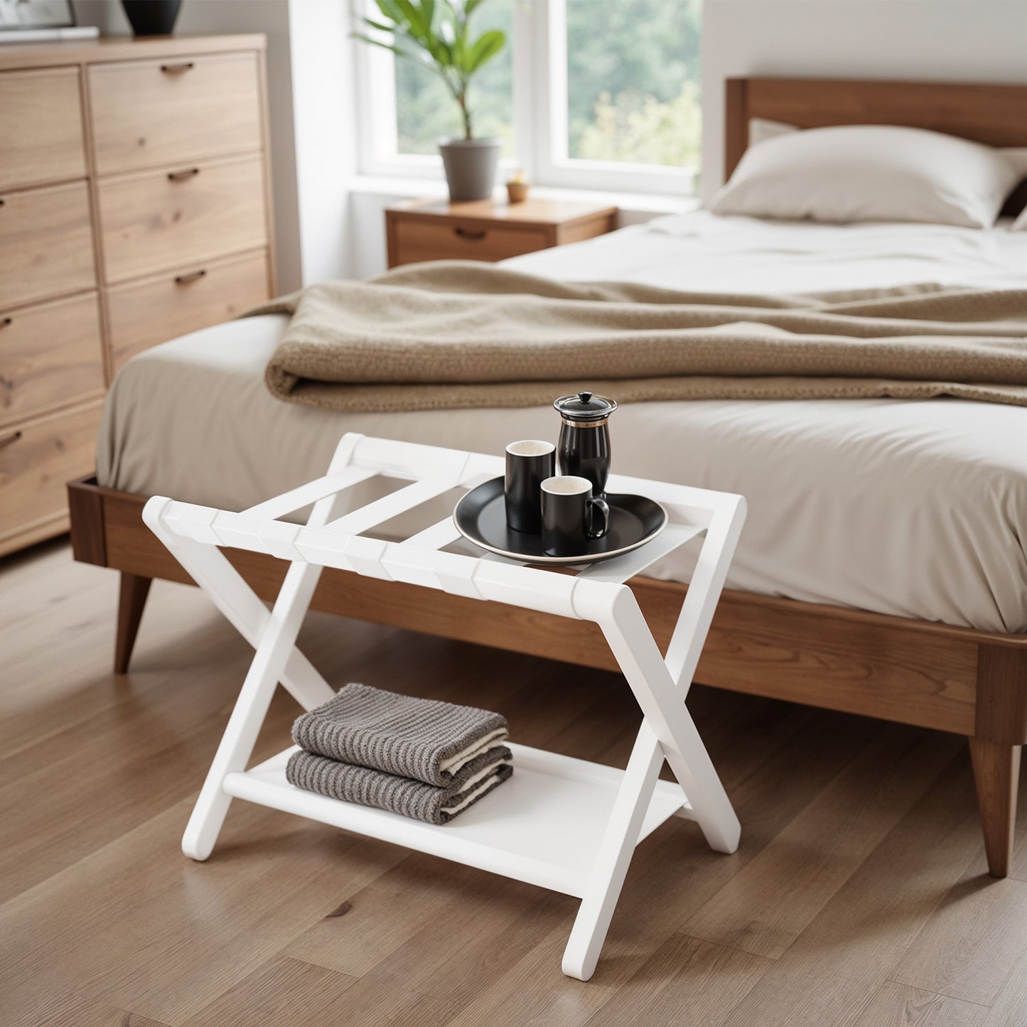 Folding Luggage Rack with Storage Shelf, Heavy-Duty Suitcase Stand for Guest Room and Hotel, Classic White