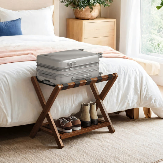 Solid Wood Luggage Rack with Foldable Design and Storage Shelf, No Assembly Required Suitcase Stand for Guest Room Hotel Bedroom, Coffee Brown