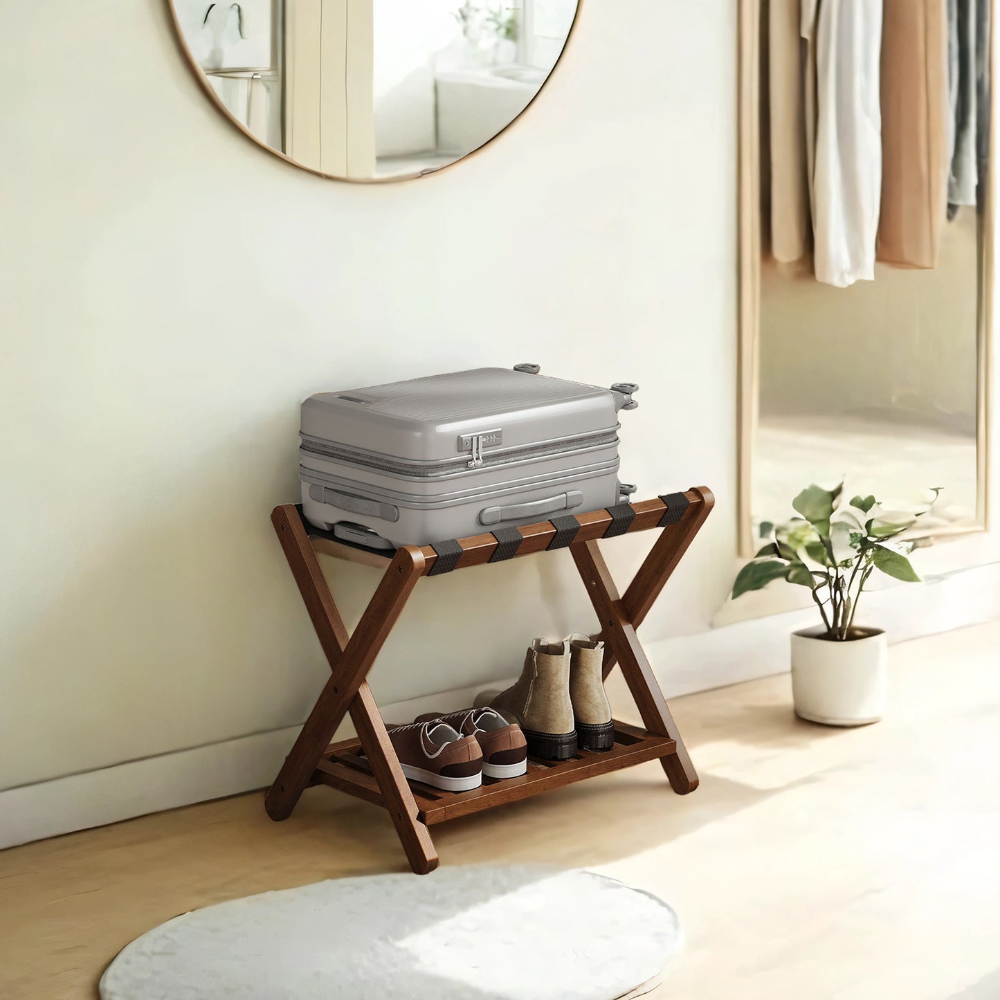 Solid Wood Luggage Rack with Foldable Design and Storage Shelf, No Assembly Required Suitcase Stand for Guest Room Hotel Bedroom, Coffee Brown