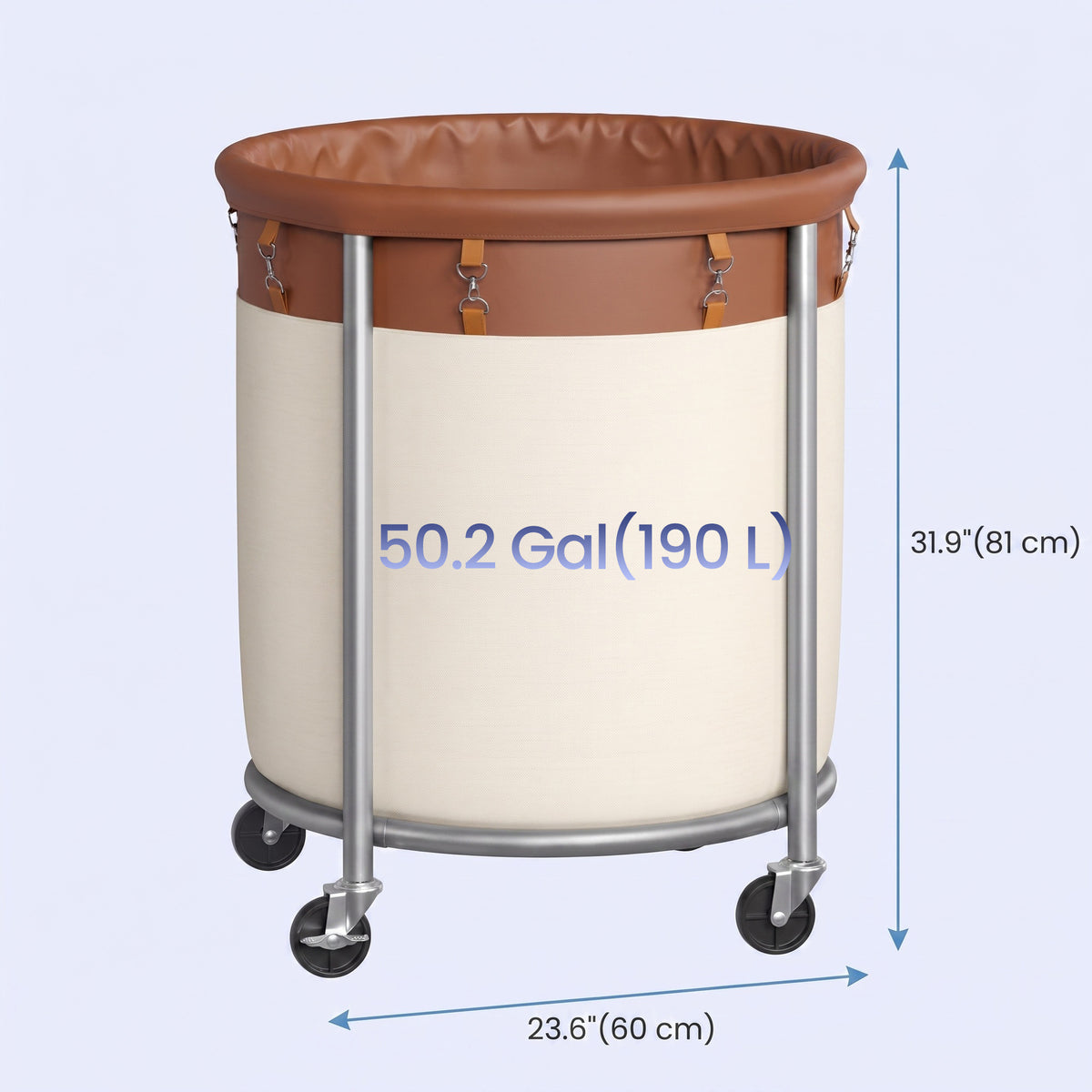 LEDREM 170L Rolling Laundry Hamper, Heavy-Duty Basket with Steel Frame, Removable Bag, for Home, Wheels, Tan and White