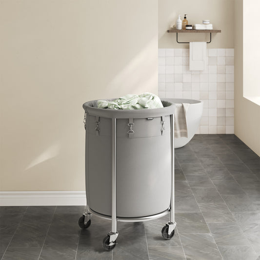 29-Gal Rolling Laundry Cart with Wheels, Steel Frame & Removable Bag, 4 Casters (2 Brakes), Heavy-Duty, Gray and Silver
