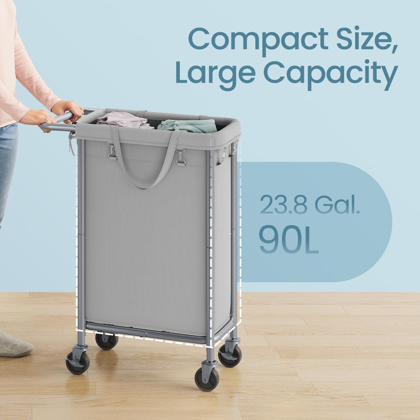 23.8-Gal Rolling Laundry Hamper with Wheels, Steel Frame & Removable Liner, Space-Saving Design, Dove Grey
