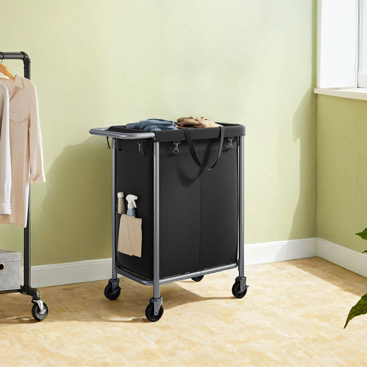 2-Section Rolling Laundry Hamper with Removable Liners, Steel Frame, Wheels & Brakes, 37-Gallon Capacity for Blankets & Clothes, Ink Black