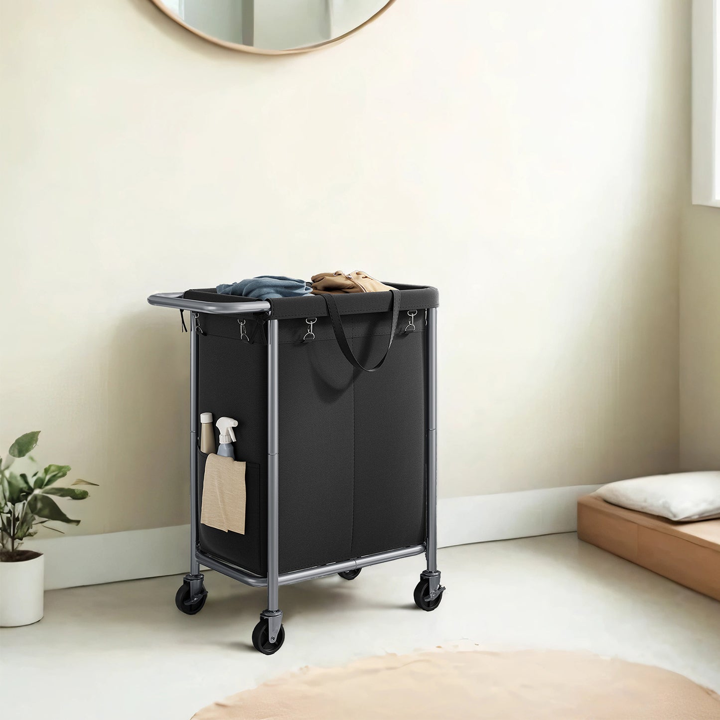 2-Section Rolling Laundry Hamper with Removable Liners, Steel Frame, Wheels & Brakes, 37-Gallon Capacity for Blankets & Clothes, Ink Black